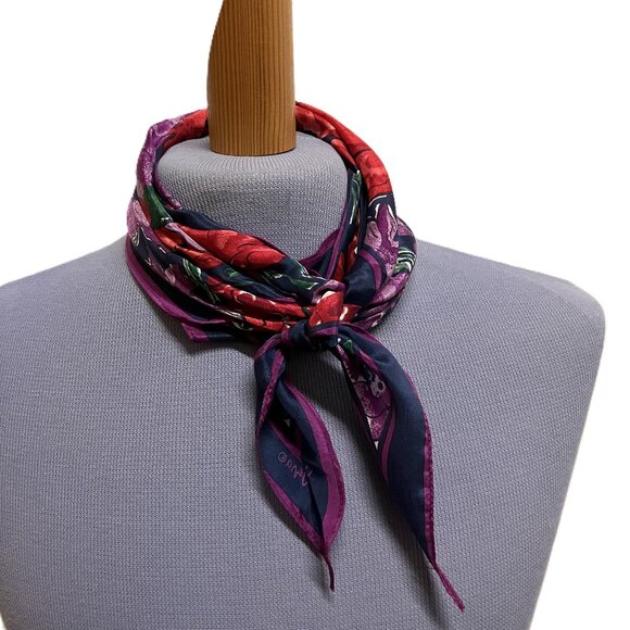 Vera Neumann Floral Print Silky Scarf Blue Purple Vintage Hair Bow Tie Headband - Picture 1 of 5